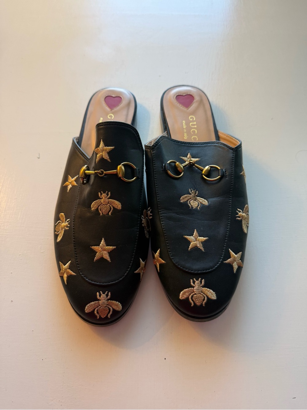 “Gucci” Black Leather Bee & Star Embroidered Horsebit Mules